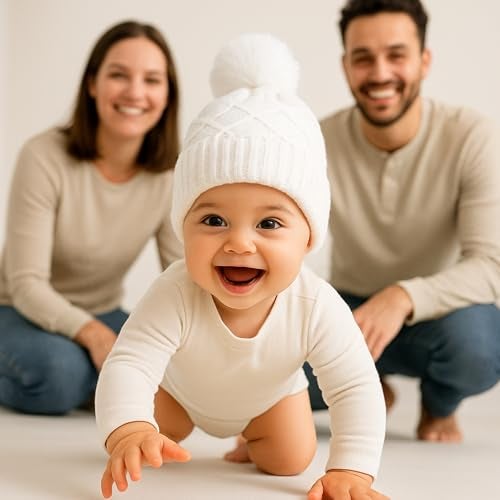 RR DESIGN Winter Beanie Hat with Pom Pom for Babies Age Group(6months - 36months), Fleece Lined, Dia 26 cm, Diamond Twist Pattern, White - Image 2