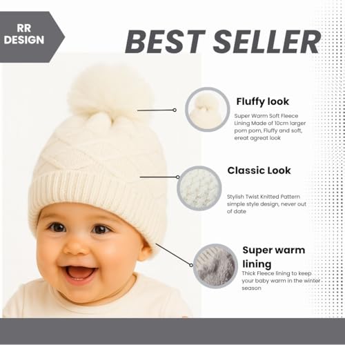 RR DESIGN Winter Beanie Hat with Pom Pom for Babies Age Group(6months - 36months), Fleece Lined, Dia 26 cm, Diamond Twist Pattern, White - Image 4