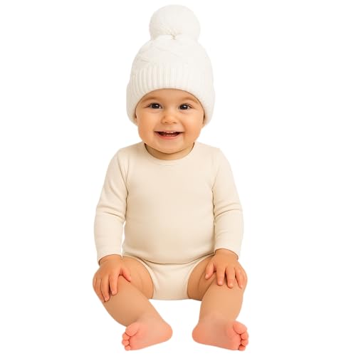 RR DESIGN Winter Beanie Hat with Pom Pom for Babies Age Group(6months - 36months), Fleece Lined, Dia 26 cm, Diamond Twist Pattern, White - Image 1