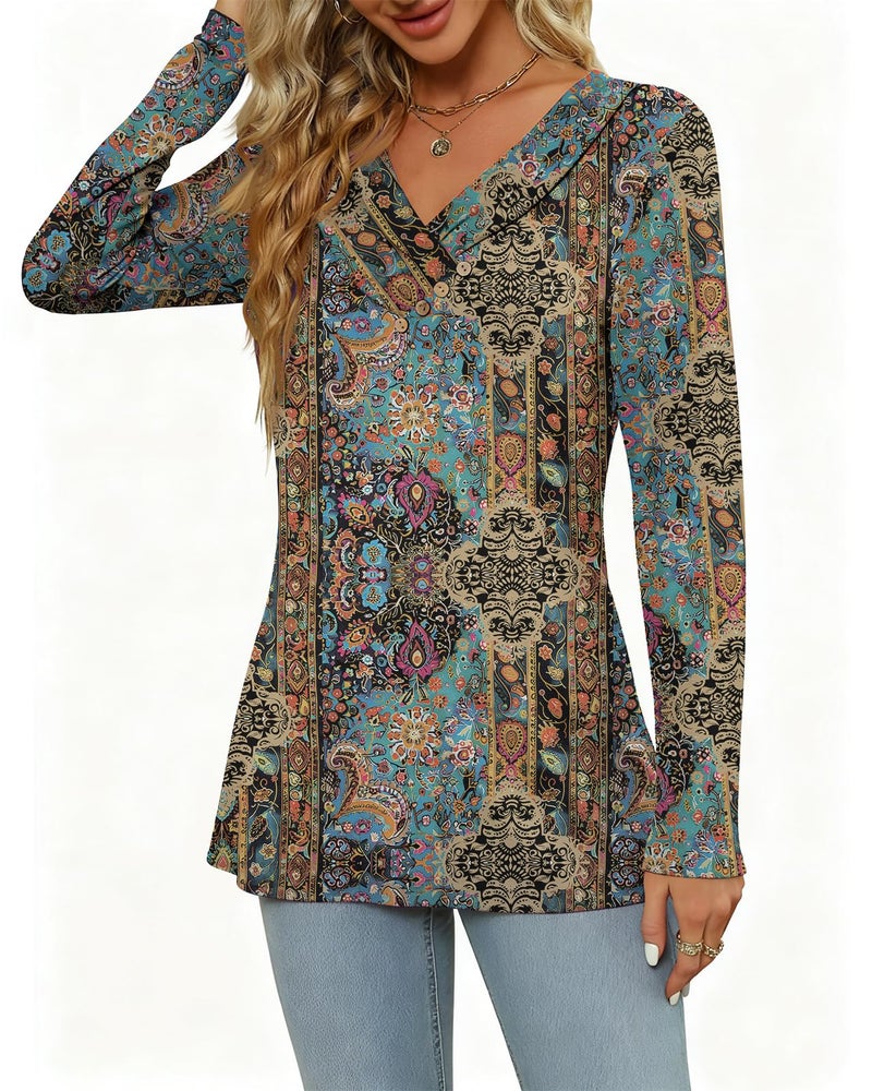 FMEYOA Women's Fall Long Sleeve Tunic Tops for Leggings Pleated V Neck Button Casual Blouse Graphic Printed Sweatshirt - Image 4