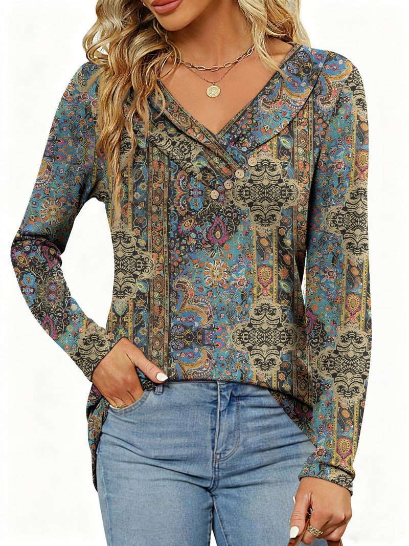 FMEYOA Women's Fall Long Sleeve Tunic Tops for Leggings Pleated V Neck Button Casual Blouse Graphic Printed Sweatshirt - Image 2