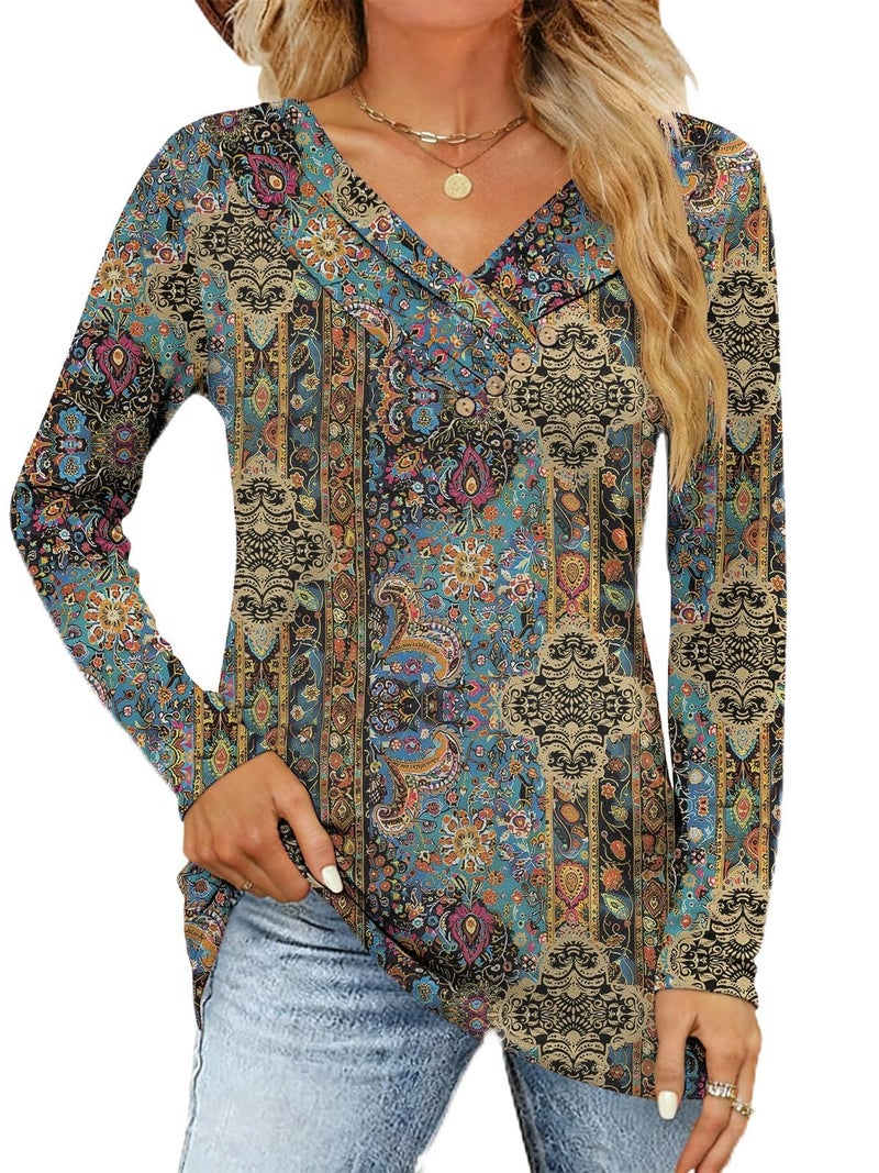 FMEYOA Women's Fall Long Sleeve Tunic Tops for Leggings Pleated V Neck Button Casual Blouse Graphic Printed Sweatshirt - Image 1