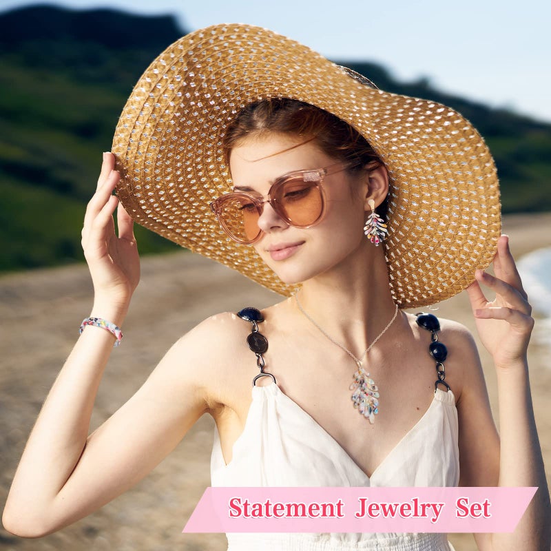 Highergo 8 Pcs Acrylic Jewelry Set Women Statement Earrings Necklace Bracelet Marble Texture Floral Necklace Set for Women(Colorful) - Image 2