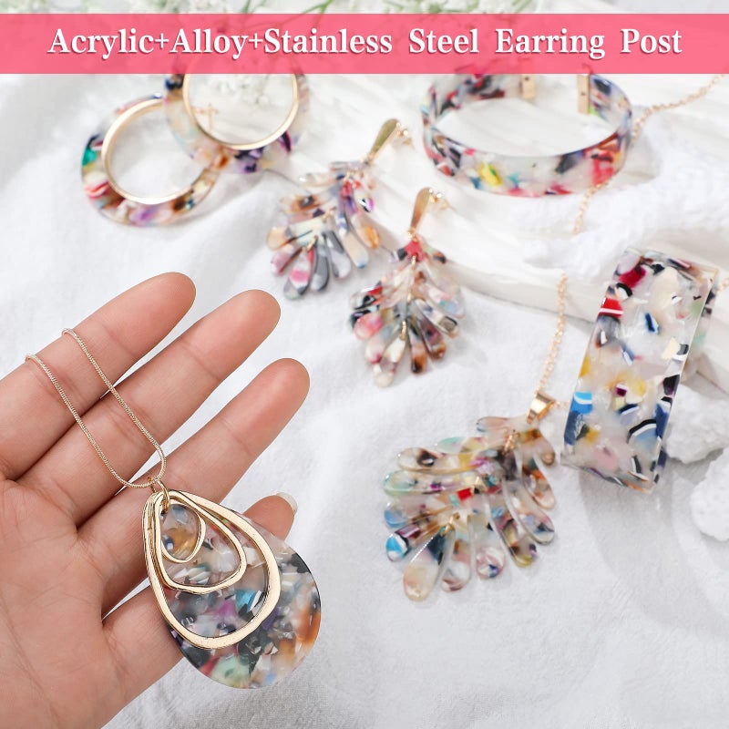 Highergo 8 Pcs Acrylic Jewelry Set Women Statement Earrings Necklace Bracelet Marble Texture Floral Necklace Set for Women(Colorful) - Image 4