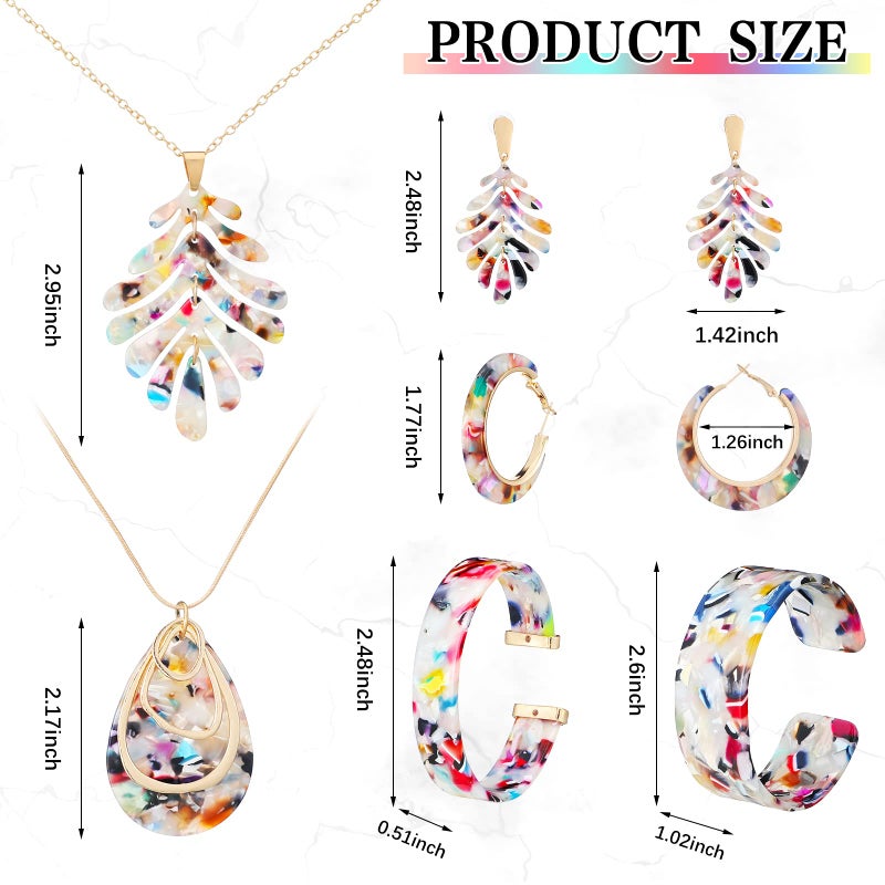 Highergo 8 Pcs Acrylic Jewelry Set Women Statement Earrings Necklace Bracelet Marble Texture Floral Necklace Set for Women(Colorful) - Image 3