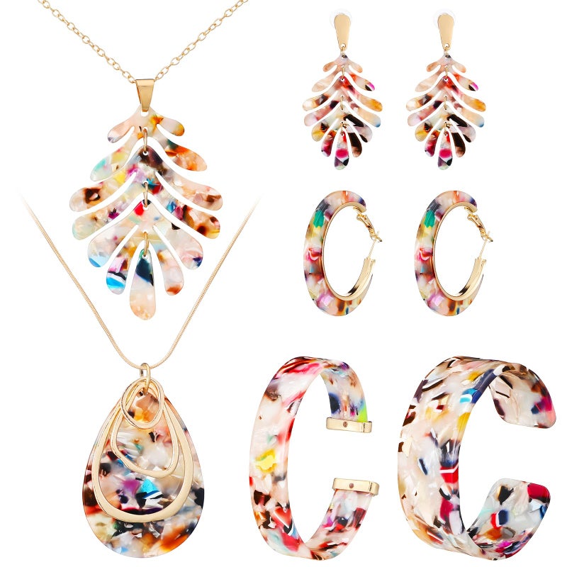 Highergo 8 Pcs Acrylic Jewelry Set Women Statement Earrings Necklace Bracelet Marble Texture Floral Necklace Set for Women(Colorful) - Image 1