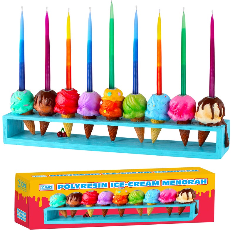 Zion Judaica Ltd Zion Judaica Hanukkah Childrens Ice Cream Menorah Painted in Vibrant Colors Hanukah Candles Kids Menorah Ice Cream in Cones Ideal Kids Chanukah Gift