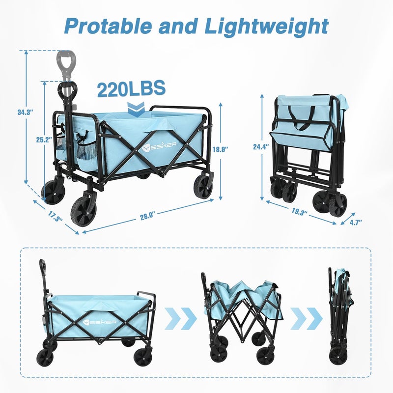 Yesker Foldable Wagon - 220lbs Collapsible Garden Carts with All Terrain Wheels for Outdoor Camping Sports Shopping Gardening - Heavy Duty Portable Utility Trolley (Blue) - Image 2