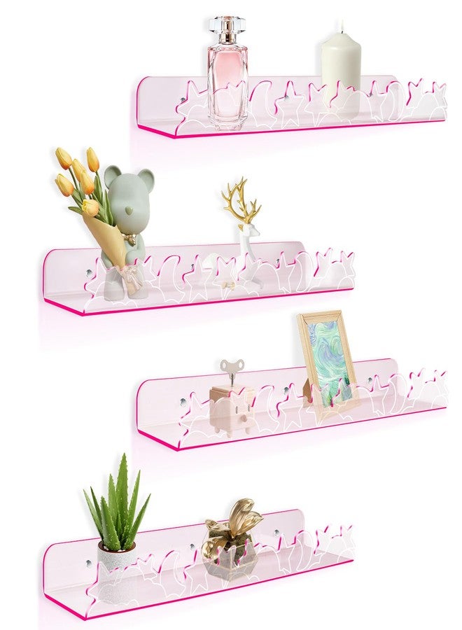 alldomess Floating Shelves for Wall,4 Pack 15.7’’x 3.5’’Adhesive Acrylic Shelves Organizer for Book Toy Photo Makeup,Wall-Mounted Kids Storage for Bathroom,Bedroom,Nursery,Pink Star and Moon - Image 1