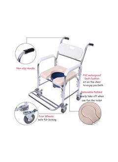 3in1 Bedside Commode Transport Wheelchair Multiple Function Folding Bathroom Shower Chair Bedside Toilet Seat Detachable Bucket with Locking Rear Castors and Leg Rest