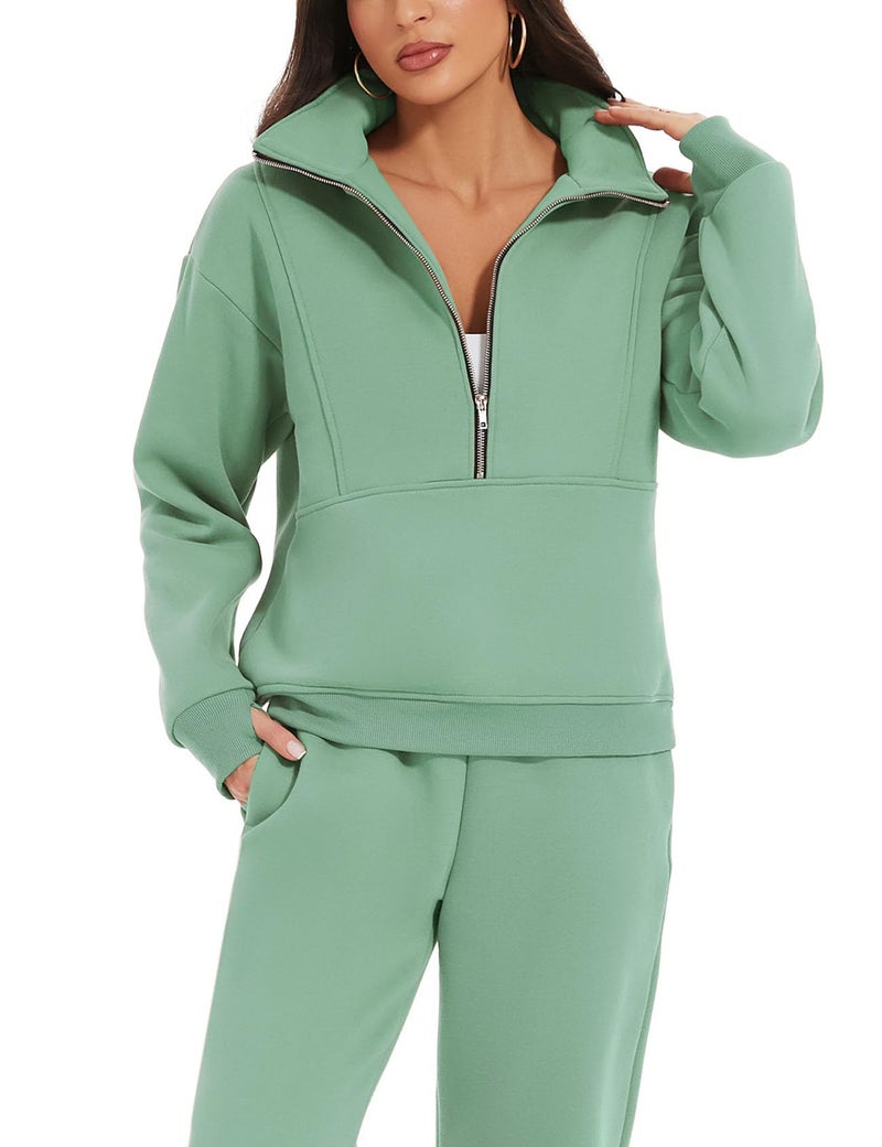 Eisctnd Womens Fleece 2 Piece Sweatsuit Lounge Set Long Sleeve Sweatshirt Jogger Pants Tracksuit Sweatsuit 2024 Fall Sets(Green-S) - Image 3