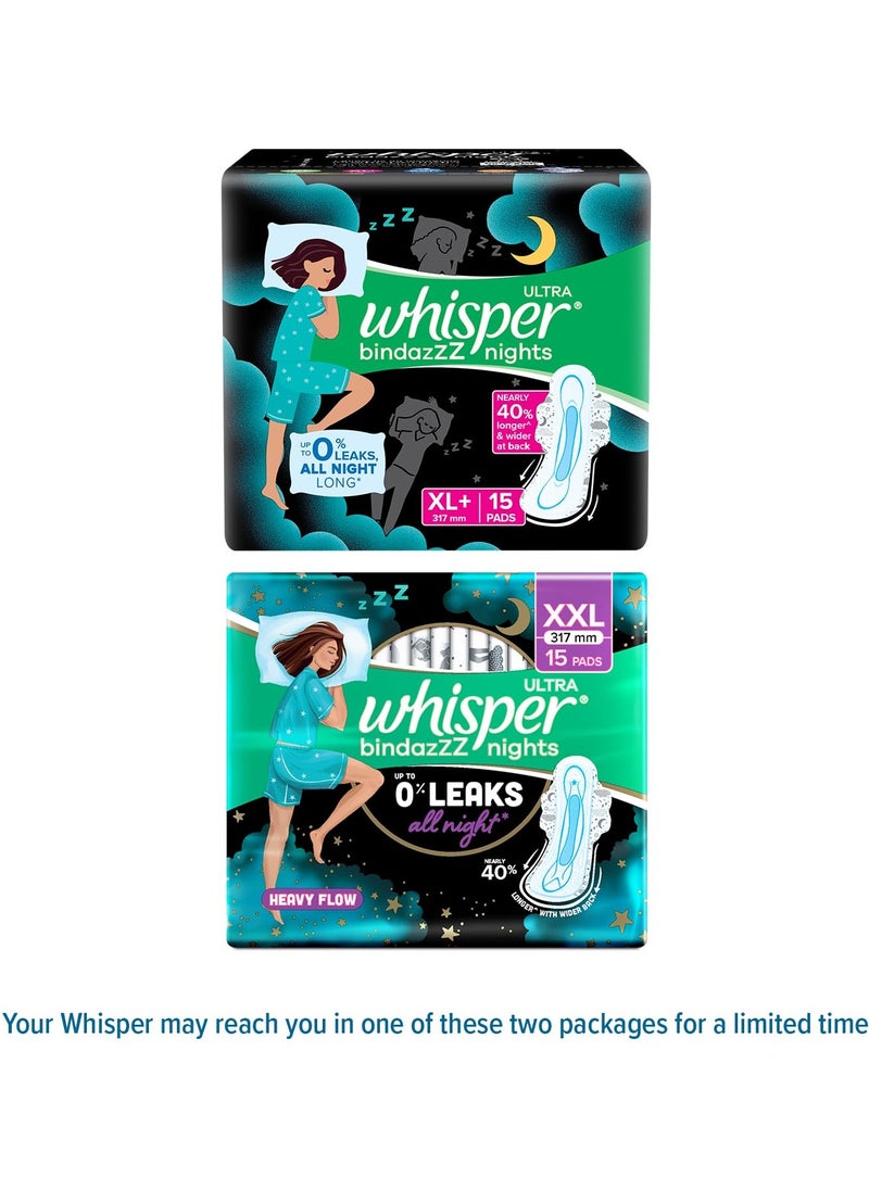 Whisper Whisper Bindazzz Nights 15 XXL Sanitary Pads, Upto 0% Leaks All Night Long, For Heavy Flow, Nearly 40% Longer with Wider Back, Active odor lock so you feel fresh, Disposable Wrapper  - Image 2