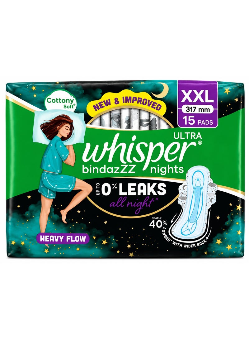 Whisper Bindazzz Nights 15 XXL Sanitary Pads, Upto 0% Leaks All Night Long, For Heavy Flow, Nearly 40% Longer with Wider Back, Active odor lock so you feel fresh, Disposable Wrapper - Image 1