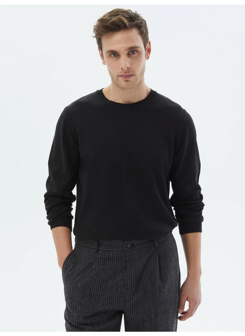 Kip Black Crew Neck Plain Knit Cotton Blend Sweater