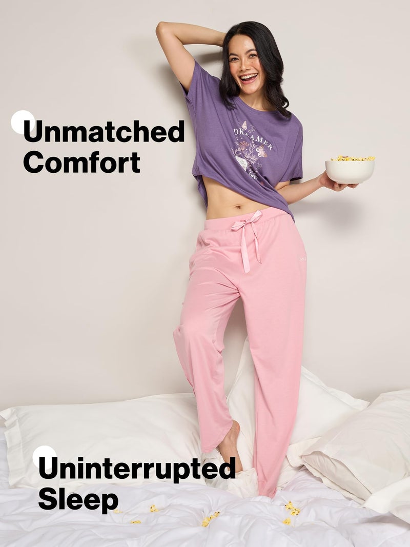 NYKD (NYS932 Soft Modal Cotton Coords Night Suit for Women | Relaxed Fit Round Neck T-Shirt with Extended Shoulder Sleeves & Pyjama Pants| Perfect for Sleep, Lounge & Everyday Wear - Purple - Image 3