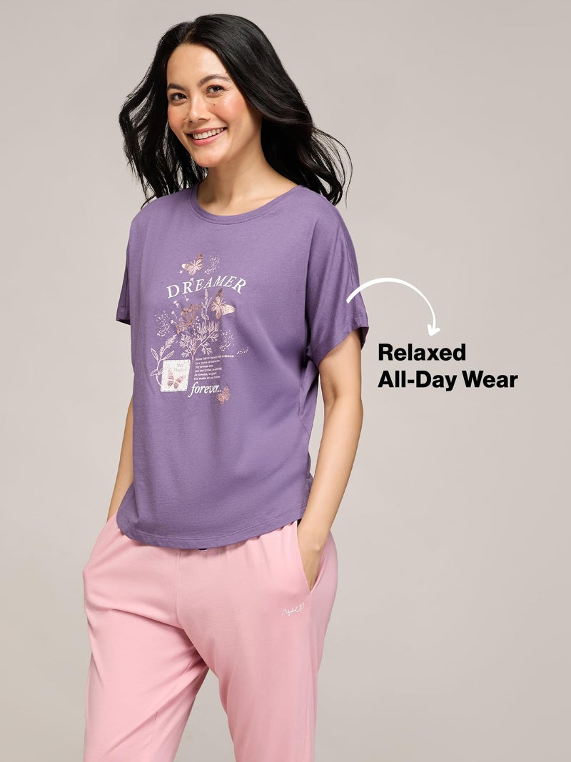 NYKD (NYS932 Soft Modal Cotton Coords Night Suit for Women | Relaxed Fit Round Neck T-Shirt with Extended Shoulder Sleeves & Pyjama Pants| Perfect for Sleep, Lounge & Everyday Wear - Purple - Image 4