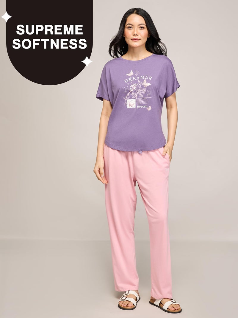 NYKD (NYS932 Soft Modal Cotton Coords Night Suit for Women | Relaxed Fit Round Neck T-Shirt with Extended Shoulder Sleeves & Pyjama Pants| Perfect for Sleep, Lounge & Everyday Wear - Purple - Image 2