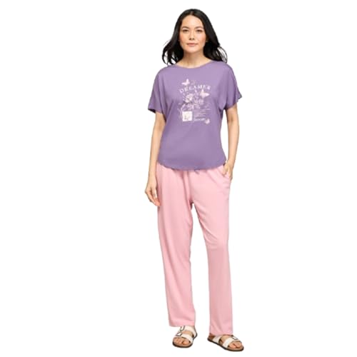 NYKD (NYS932 Soft Modal Cotton Coords Night Suit for Women | Relaxed Fit Round Neck T-Shirt with Extended Shoulder Sleeves & Pyjama Pants| Perfect for Sleep, Lounge & Everyday Wear - Purple - Image 1