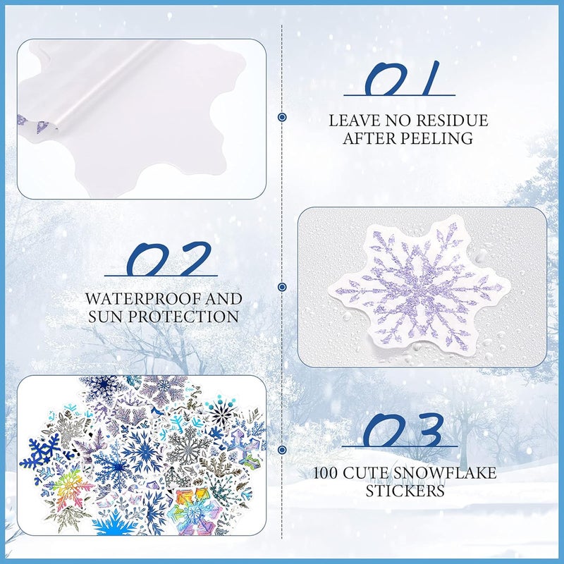 comfrt 100 Pieces Snowflake Stickers Winter Snow Decals Waterproof Vinyl Skateboard Stickers Laptop Decals Card Stickers for Water Bottle Laptop Phones Luggage DIY Christmas Party New Year Decoration - Image 4