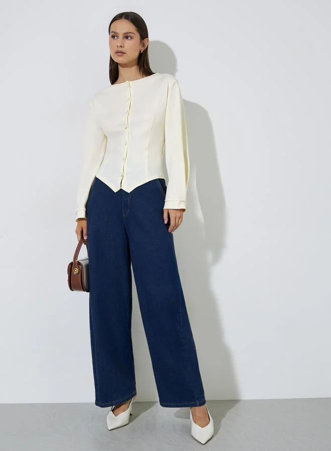 Styli Cream Solid Asymmetric Hem Casual Top