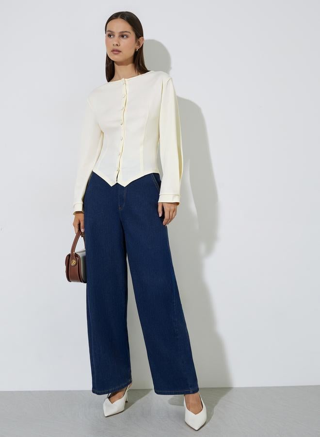 Styli Cream Solid Asymmetric Hem Casual Top - Image 2