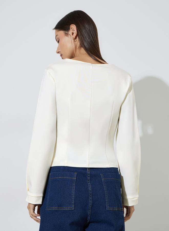Styli Cream Solid Asymmetric Hem Casual Top - Image 4
