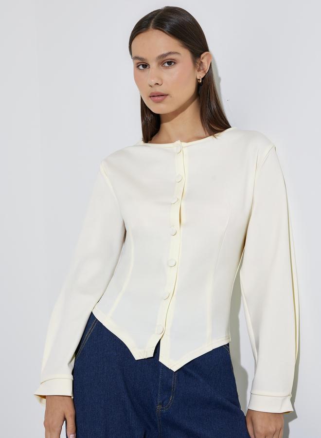 Styli Cream Solid Asymmetric Hem Casual Top - Image 1