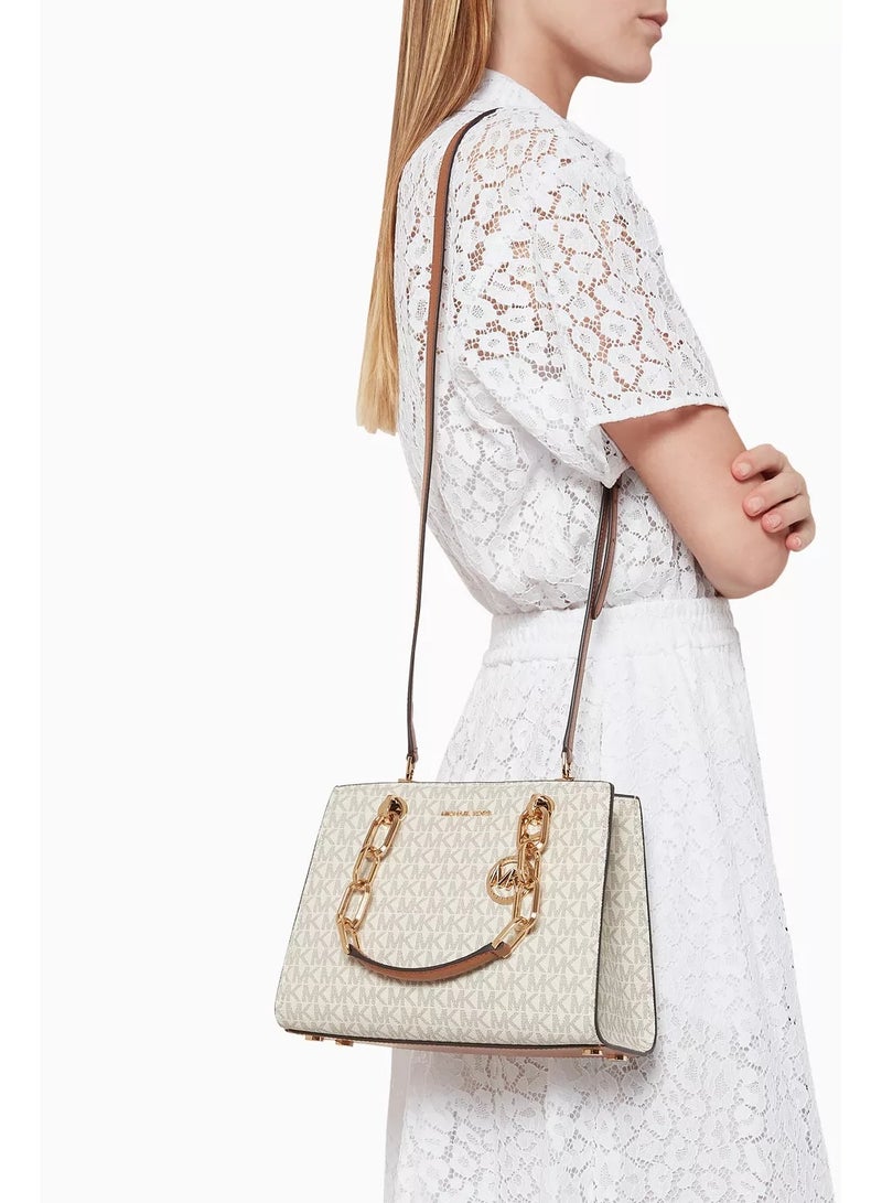 Michael Kors Cynthia Small Satchel Bag - Vanilla Beige Logo Coated Canvas for Women - Image 5