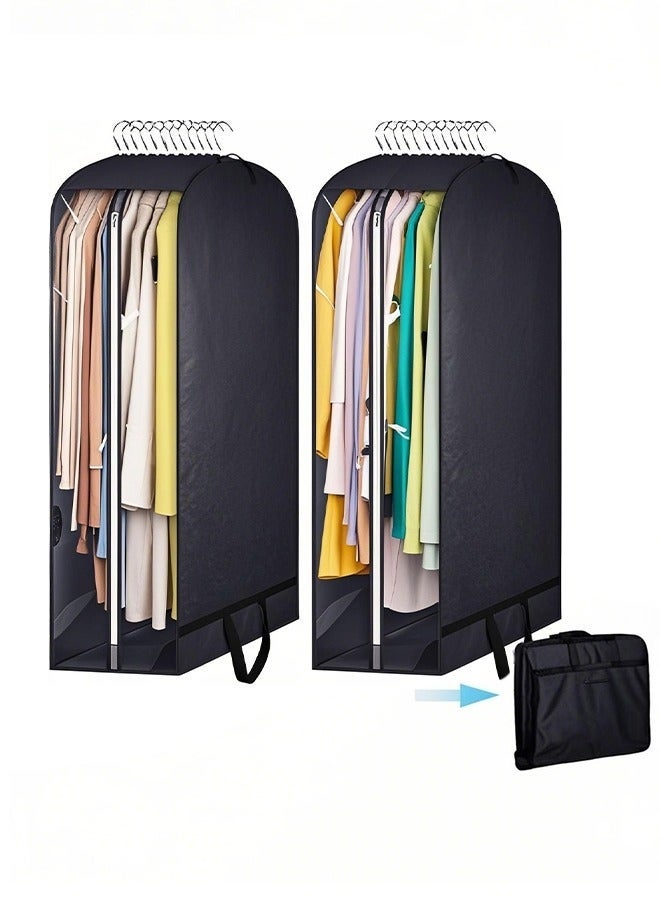 منظم خزانة معلق محمول كبير الحجم 2 في 1، حقائب ملابس معلقة، حقيبة تخزين خزانة، حقائب نقل، حقيبة تخزين ملابس التنانير، حقيبة نقل الملابس، غطاء حماية البدلات، حقيبة سفر من القماش (عبوة من قطعتين، أسود) - Image 1