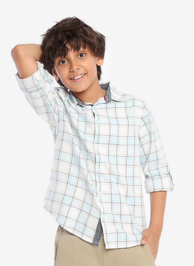 بونكيدز BONKIDS Boys Standard Spread Collar Roll-Up Sleeves Checked Cotton Casual Shirt