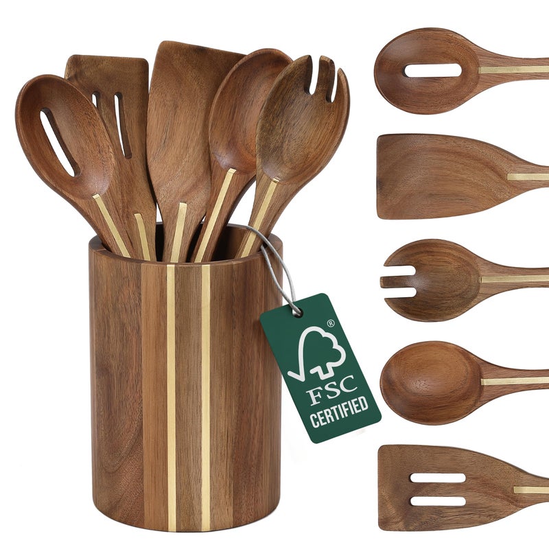 Boxiki Kitchen Acacia Utensil Set of 5 with Holder â€“ Premium Wooden Cooking Utensils, Eco Friendly Acacia Wood Spatula & Spoon Set, Nonstick Safe Kitchen Tools - Image 1
