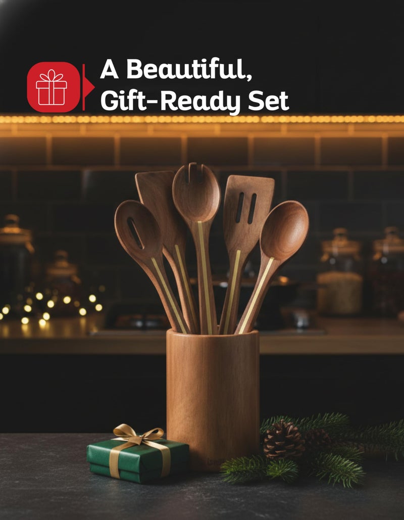 Boxiki Kitchen Acacia Utensil Set of 5 with Holder â€“ Premium Wooden Cooking Utensils, Eco Friendly Acacia Wood Spatula & Spoon Set, Nonstick Safe Kitchen Tools - Image 5