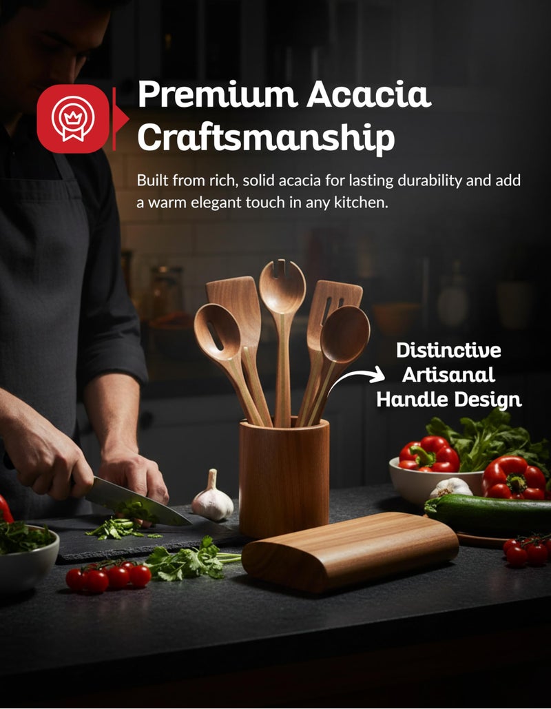 Boxiki Kitchen Acacia Utensil Set of 5 with Holder â€“ Premium Wooden Cooking Utensils, Eco Friendly Acacia Wood Spatula & Spoon Set, Nonstick Safe Kitchen Tools - Image 2