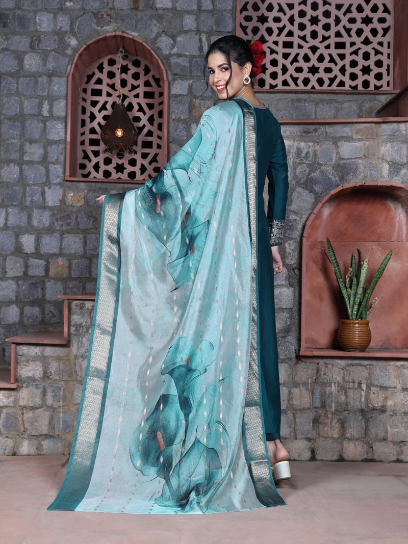 EthnicJunction Women's Cotton Silk Embroidered Anarkali Kurta Palazzo With Digital Print Dupatta Set - Image 5