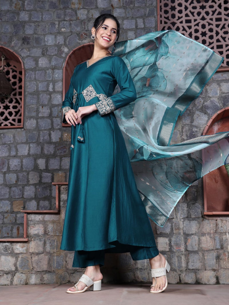 EthnicJunction Women's Cotton Silk Embroidered Anarkali Kurta Palazzo With Digital Print Dupatta Set - Image 2