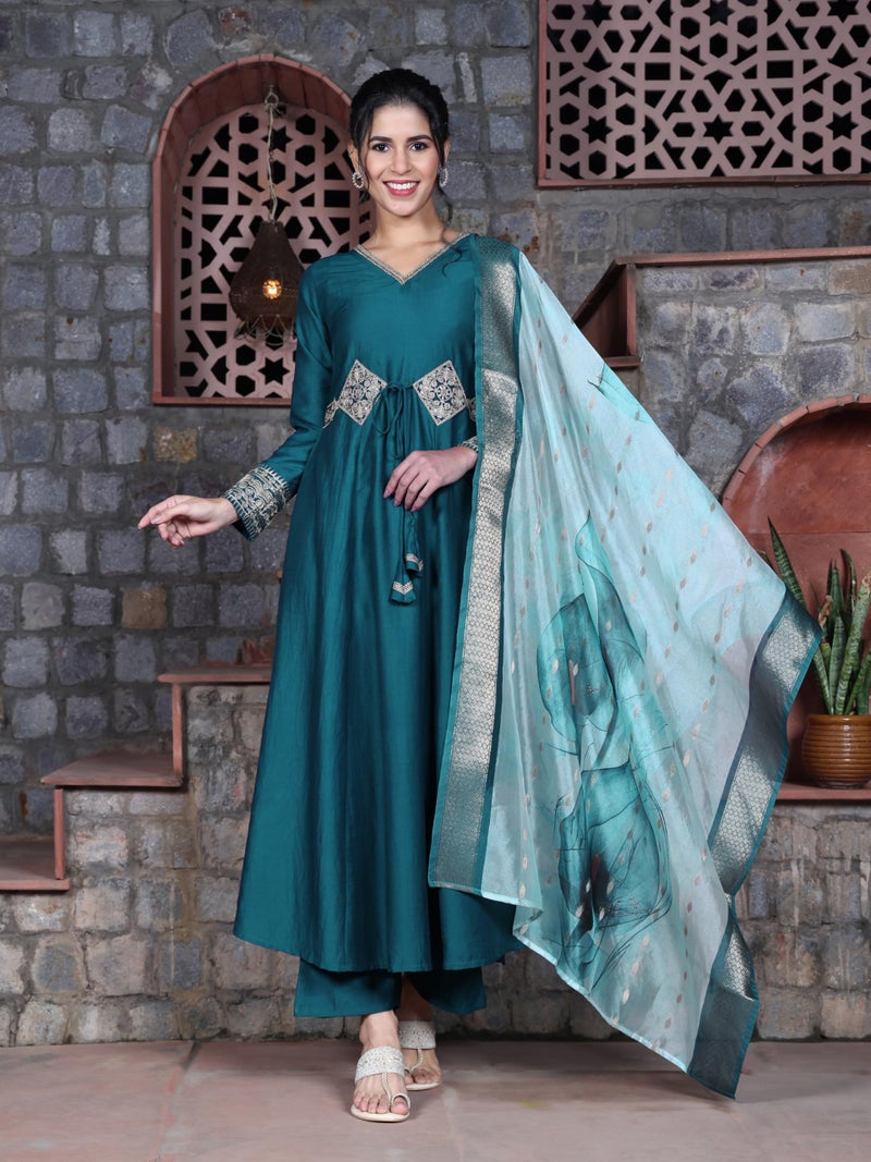 EthnicJunction Women's Cotton Silk Embroidered Anarkali Kurta Palazzo With Digital Print Dupatta Set - Image 4
