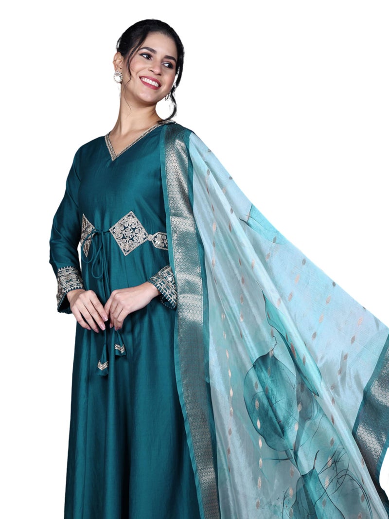 EthnicJunction Women's Cotton Silk Embroidered Anarkali Kurta Palazzo With Digital Print Dupatta Set - Image 1