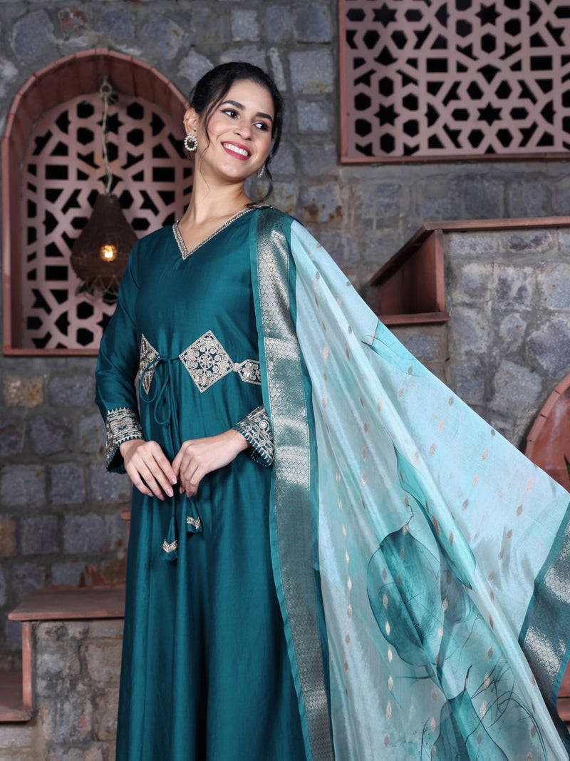 EthnicJunction Women's Cotton Silk Embroidered Anarkali Kurta Palazzo With Digital Print Dupatta Set - Image 3