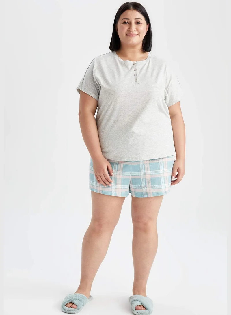 DeFacto Regular Fit Short Sleeve Check Print Big Size Pyjama Set