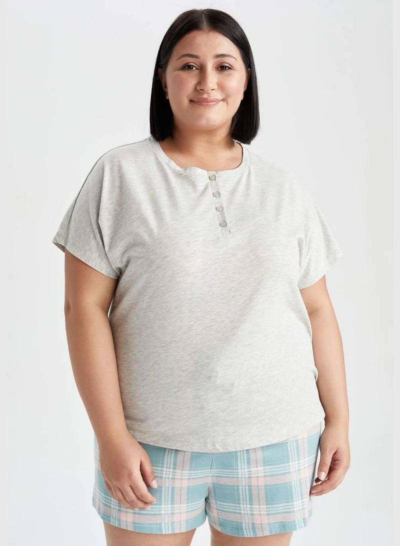 DeFacto Regular Fit Short Sleeve Check Print Big Size Pyjama Set
