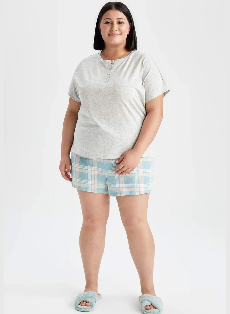 DeFacto Regular Fit Short Sleeve Check Print Big Size Pyjama Set