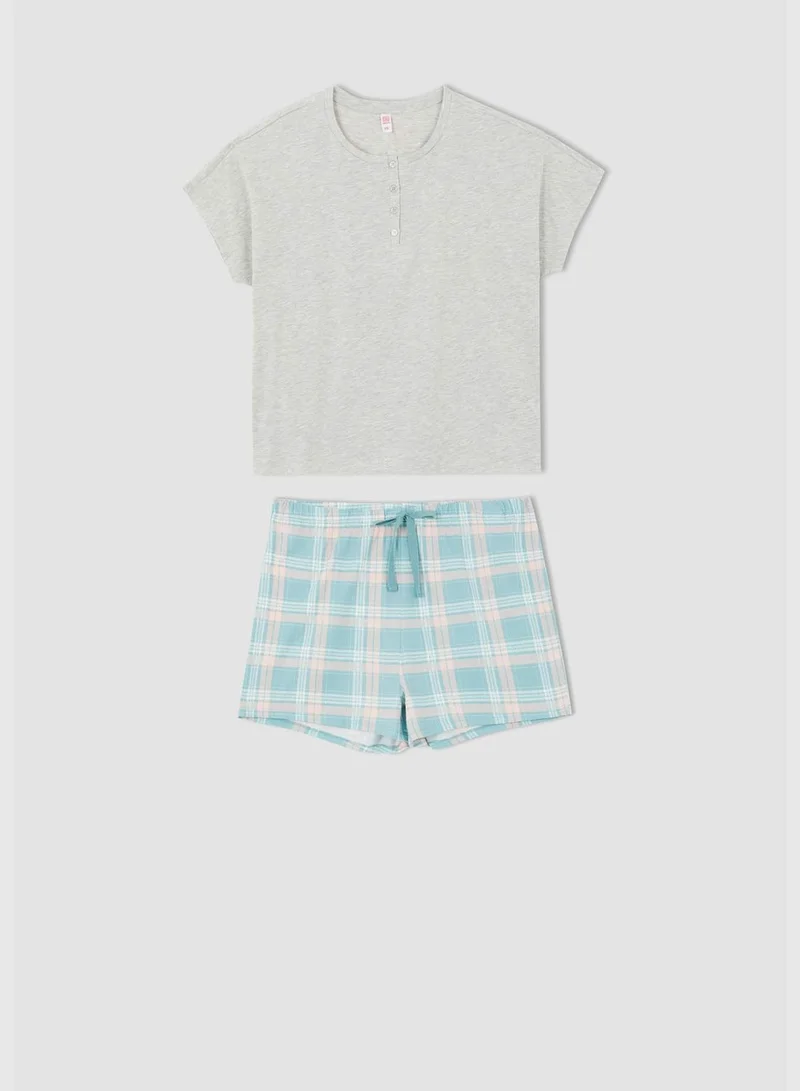 DeFacto Regular Fit Short Sleeve Check Print Big Size Pyjama Set