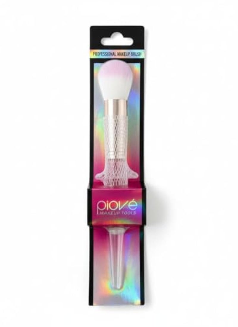 A large, versatile makeup brush with a rounded head, suitable for foundation and blush; made of soft, multi-functional fibers for everyday use - transparent handle and pink and white bristles.