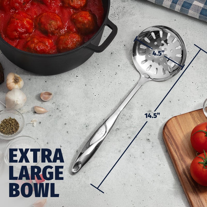 Zulay Kitchen Stainless Steel Slotted Spoon - 14.5â€ Large Skimmer Frying Spoon for Draining & Serving - Heat-Resistant, Rust-Proof & Dishwasher Safe Kitchen Utensil for Everyday Use - Image 4