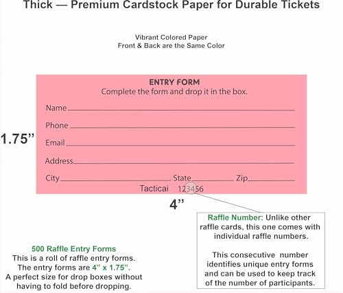 Tacticai 500 Raffle Tickets, Pink (1 of 3 Colors), Raffle Cards, Entry Form with Name, Phone, Email & Address for Events & Prizes - Image 3