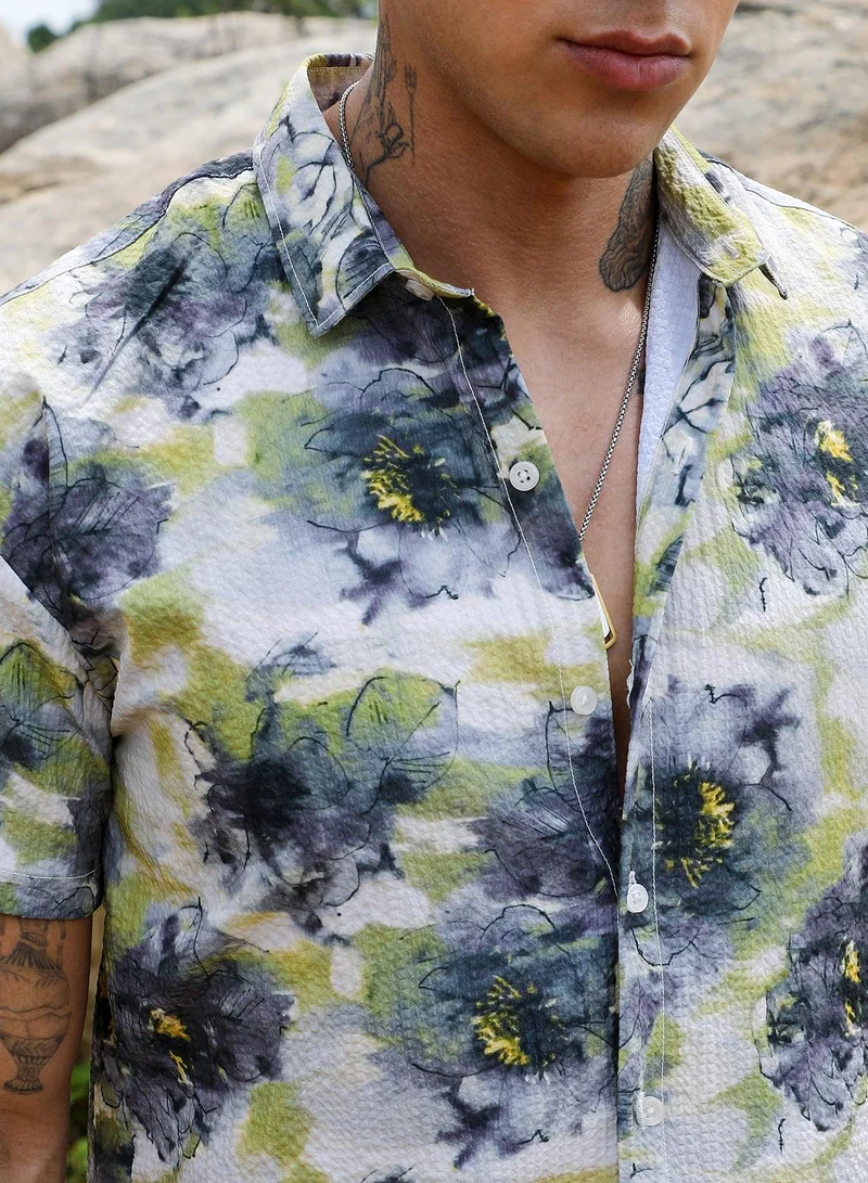 Campus Sutra Smudged Botanical Shirt