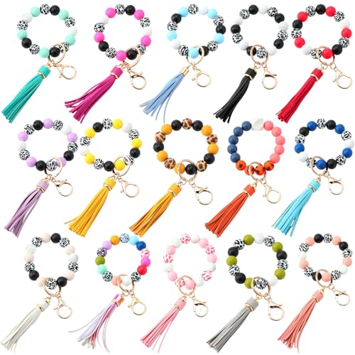 Misdary 15 Pcs Silicone Beaded Key Ring Bracelet for Women Portable Car Key Keychain Wristlet Holder with Tassel Bangle Chain (Classic) - Image 1