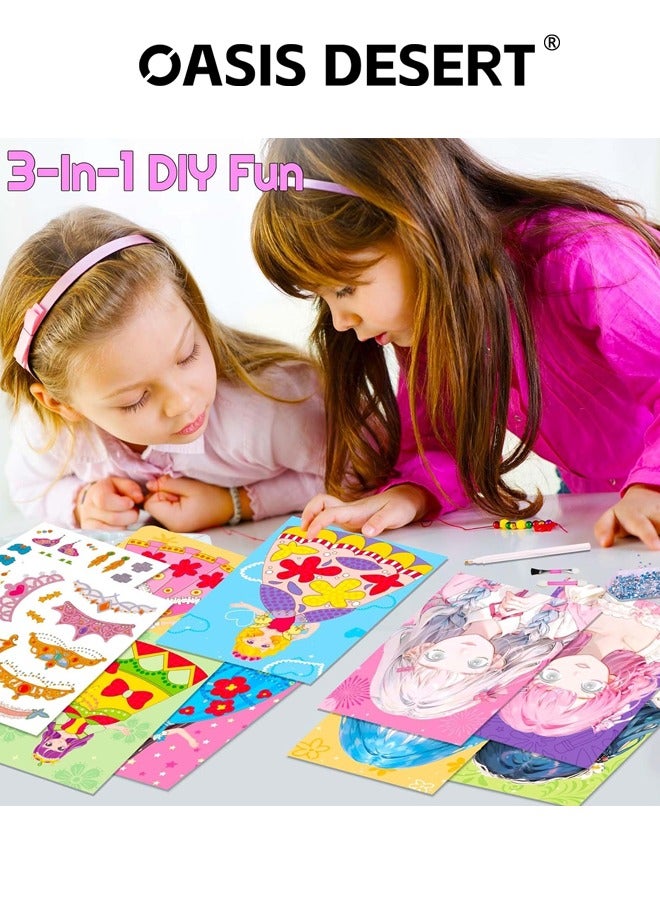 OASIS DESERT 3-In-1 Art Craft Activity for Kids, Paper Craft Kits - Paper Makeup DIY Girls Toy Kit with Diamond Painting & Princess Dress Up Set, Birthday Party Gift for Girls - Image 5