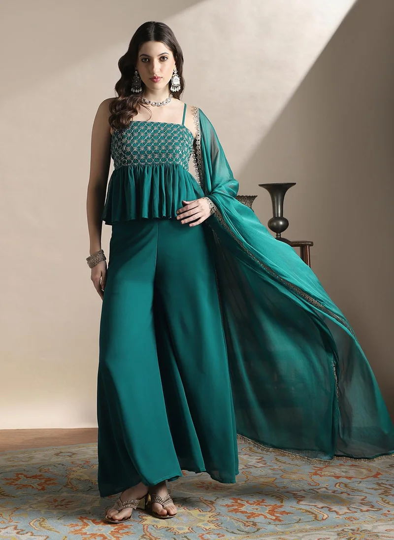 globus Globus Women Teal Square Neck Strappy Shoulder Sequin Embroidered Peplum Top With Palazzos & Dupatta Festive Co-Ord Set
