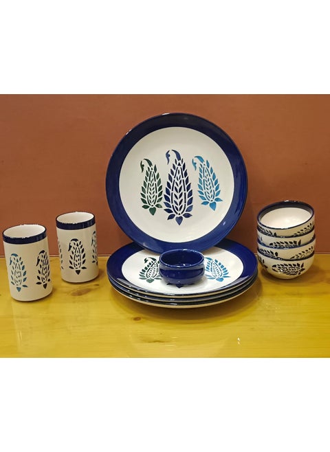 caffeine Premium Stoneware Blue boota Dinner Set (Set of 11pcs)